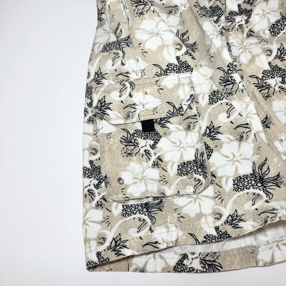 Mens Y2K Hawaiian Print Relaxed Cargo Shorts 36 Surfer Skater Floral Preppy Tiki